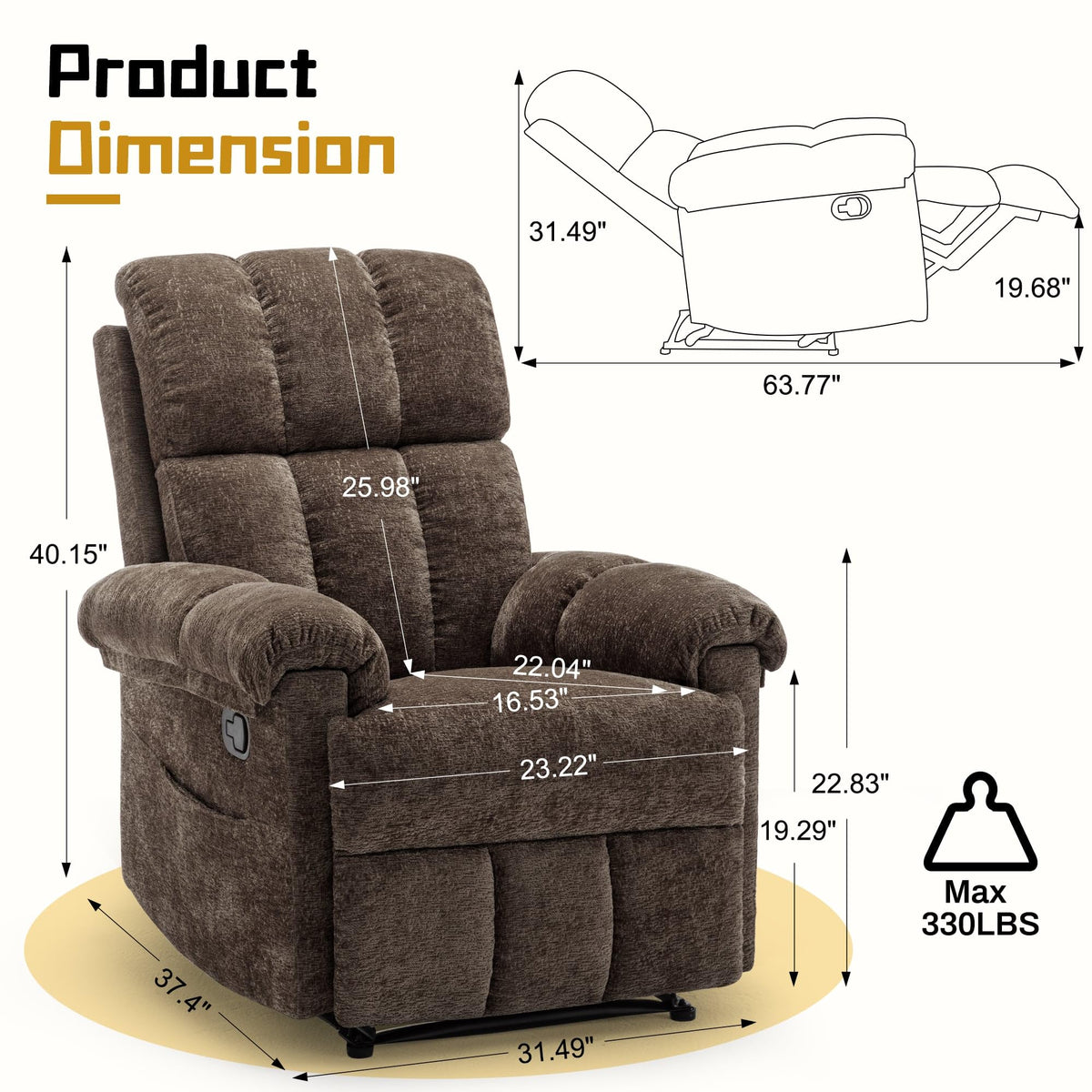 Korser Recliner Chair, Living Room Recliner Chairs for Adults, Small Recliners for Small Spaces, Upholstered Manual Recliner with Side Pockets, Comfy Nursery Chair for Living Room, Chenille, Beige