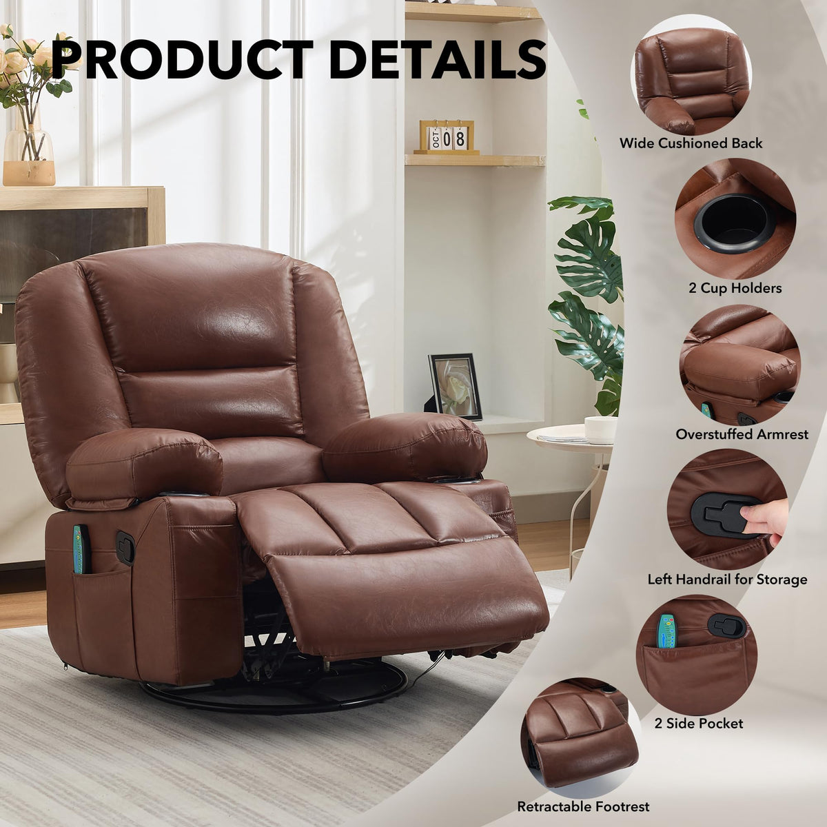 Garvee Oversized Recliner Chair,Extra Wide 360Â° Swivel Rocker Massage Heat