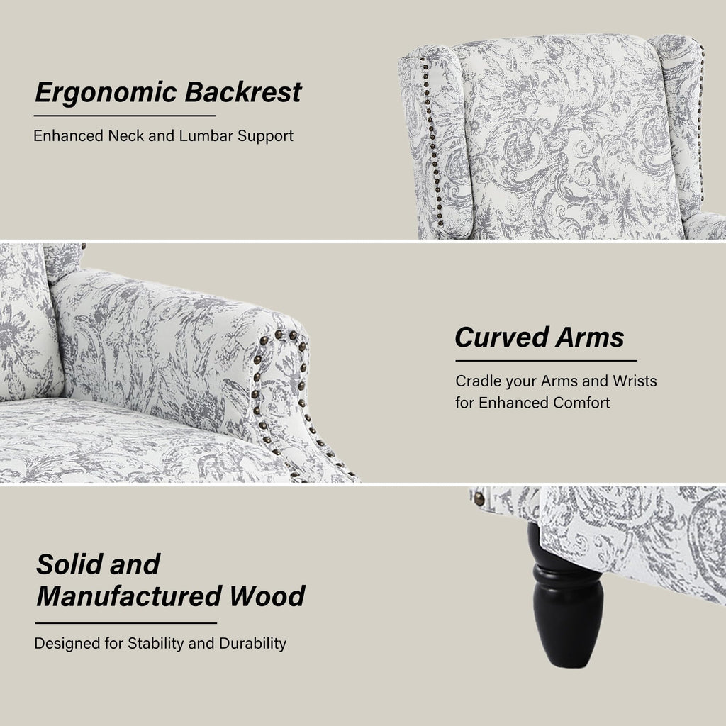 Wingback Floral Pushback Recliner Chair, Plants Beige, Set of 2