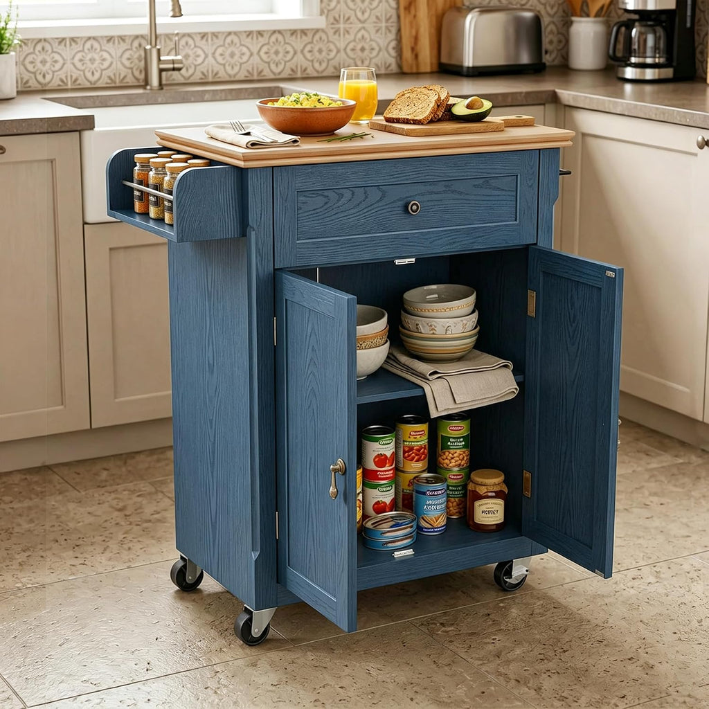 HLR 26'' Small Kitchen Island, Vintage Wood Kitchen Cart on Wheels, Blue