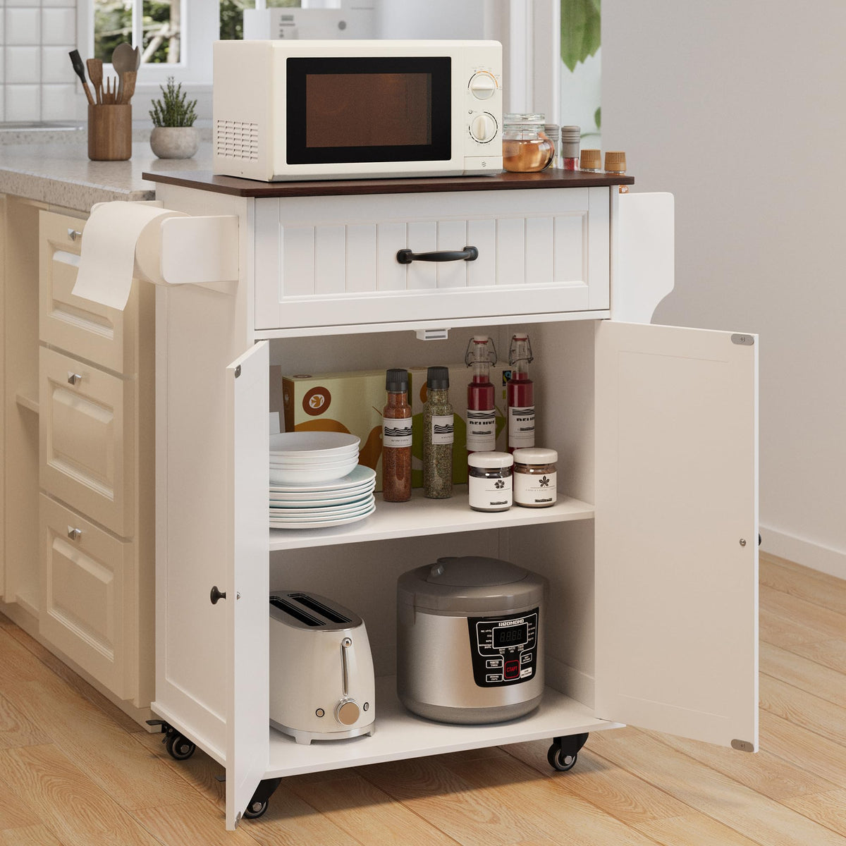 Gizoon Kitchen Island Cart with Adjustable Shelf, White, Tabletop-Oak Color