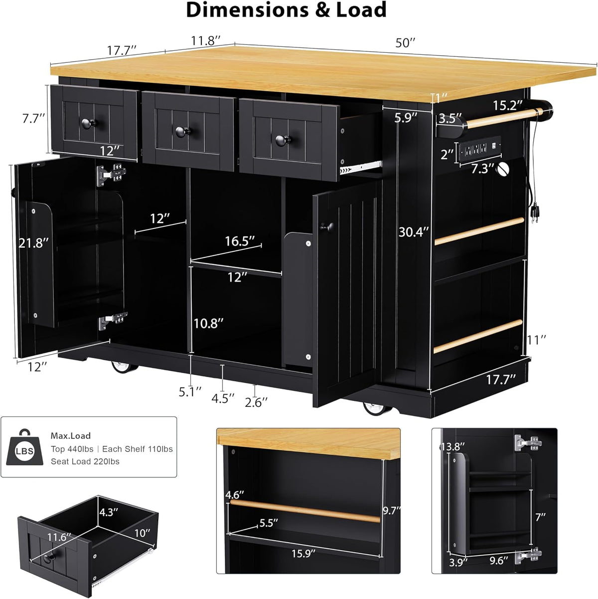 53" Large Kitchen Island with Drop Leaf & Power Outlet, Rolling Kitchen Cart on 5 Wheels with Internal Door Storage Rack, 5 Open Side Racks, 3 Drawers, 2 Doors for Kitchen Dining Room