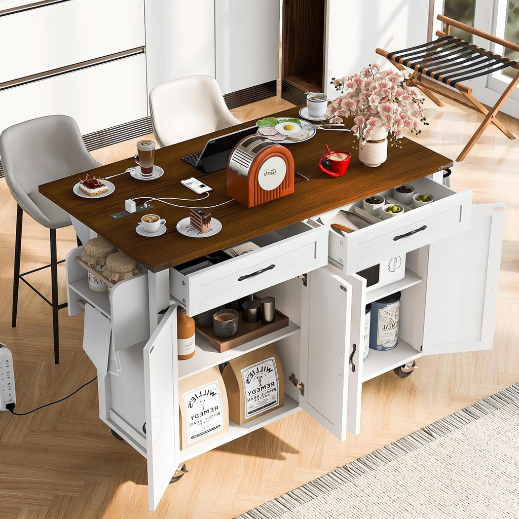 Ball & Cast Farmhouse Kitchen Island with Power Outlet,Dining Storage Island with Drop Leaf,Spice Rack and Drawer,Rolling Dining Cart on Wheels for Home,Kitchen,Dining Room,White,54"