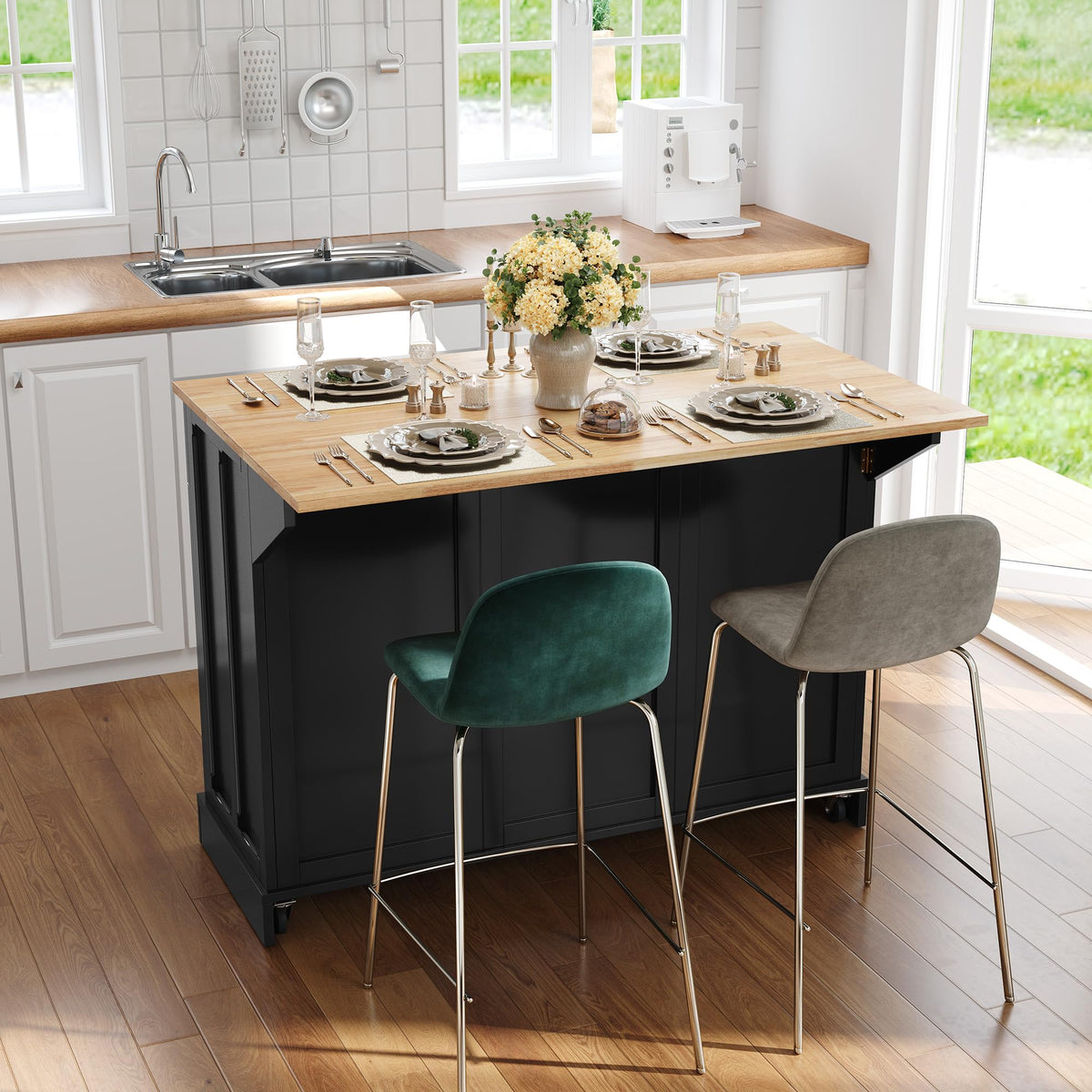 HLR Kitchen Island with Drop Leaf & Storage, Solid Rubber Wood Top Rolling Kitchen Cart with Carved Recessed Panel Doors, Large Mobile Island Table on Wheels for Kitchen, Dining Room (Green)