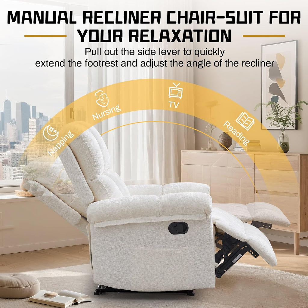 Korser Recliner Chair, Living Room Recliner Chairs for Adults, Small Recliners for Small Spaces, Upholstered Manual Recliner with Side Pockets, Comfy Nursery Chair for Living Room, Chenille, Beige
