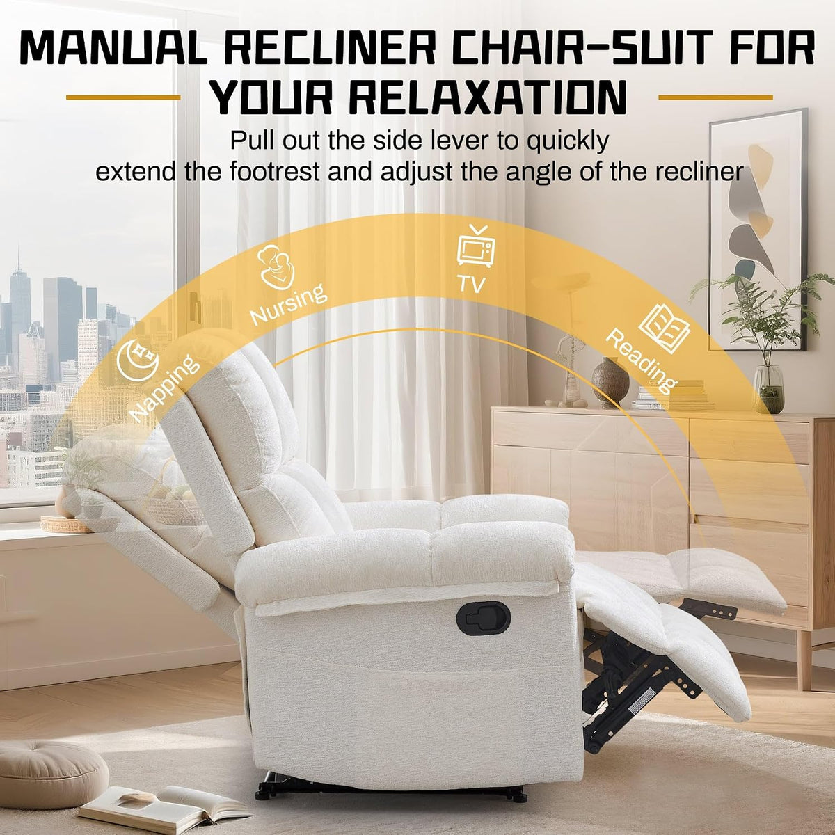 Korser Recliner Chair, Living Room Recliner Chairs for Adults, Small Recliners for Small Spaces, Upholstered Manual Recliner with Side Pockets, Comfy Nursery Chair for Living Room, Chenille, Beige