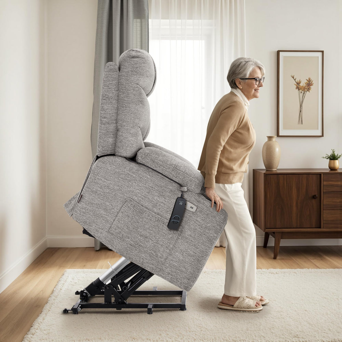 MCombo Power Lift Recliner for Elderly, Fabric 7287 (Light Grey, Medium)