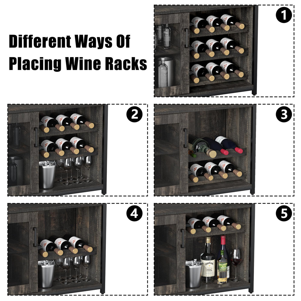 Wine Bar Cabinet, 3-Tier Detachable Wine Rack, Stemware Glass Holder, Mesh Door & Storage Shelves, Liquor Storage Buffet Sideboard for Kitchen, Dining Room, Living Room or Home Bar - Black