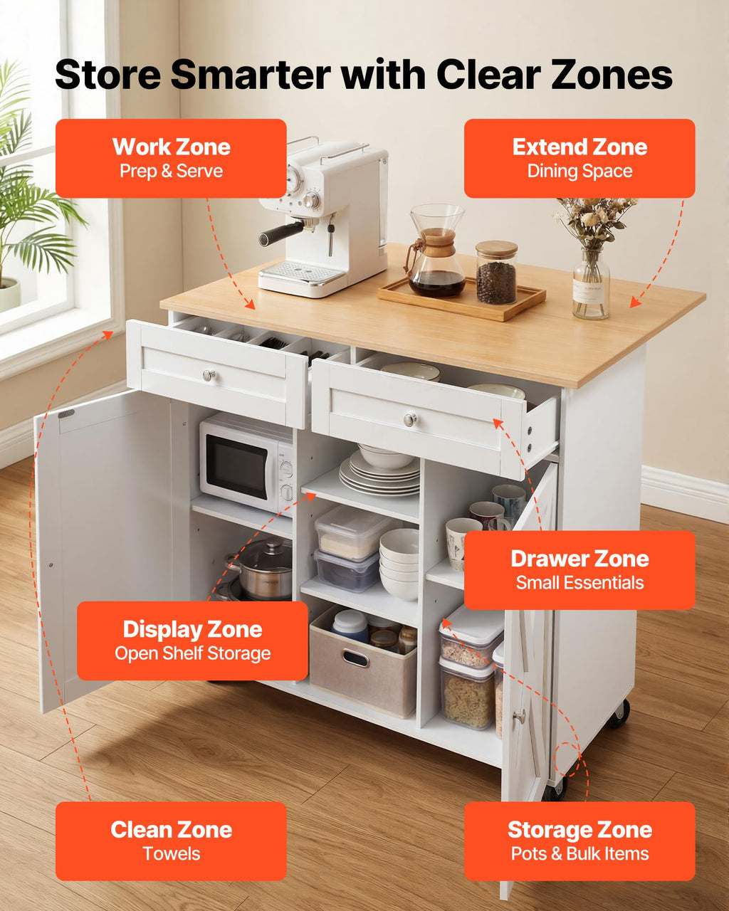 VEVOR Kitchen Island Cart with Storage, 42.28 in Wide Mobile Rolling Storage Island on Swivel Wheels, with Drawer, Storage Cabinet, Drop Leaf, Spice Rack, Table for Home Dining Room, White