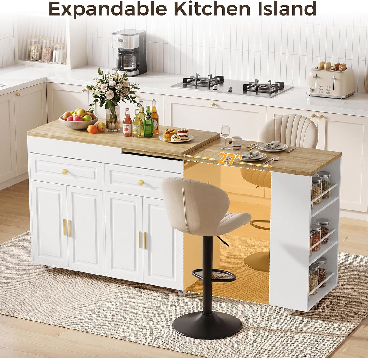 3-in-1 Extendable Kitchen Island with Extendable and Swivel Dining Table