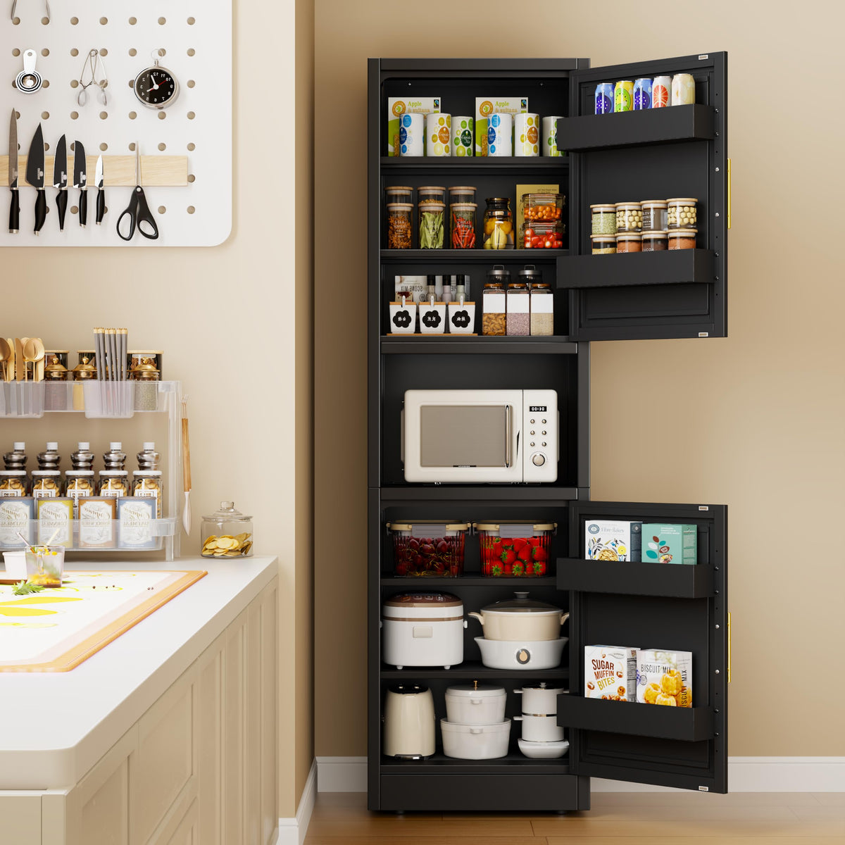 67" Tall Metal Pantry Cabinet, Narrow Freestanding Storage Cabinet, Black