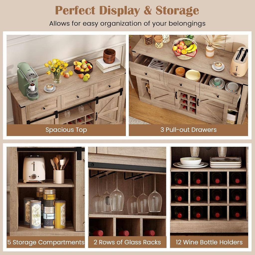 GIANTEX Wine Bar Cabinet with LED Lights, 52" Buffet Sideboard w/Sliding Barn Door, 3 Drawer, Adjustable Shelf, 12 Bottle Wine Rack & Glass Holder, Farmhouse Coffee Station for Living Room