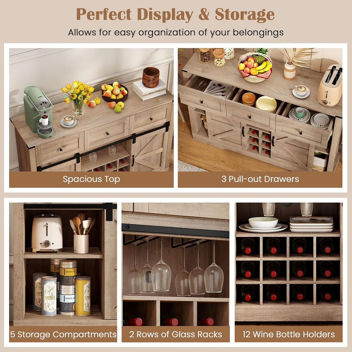 GIANTEX Wine Bar Cabinet with LED Lights, 52" Buffet Sideboard w/Sliding Barn Door, 3 Drawer, Adjustable Shelf, 12 Bottle Wine Rack & Glass Holder, Farmhouse Coffee Station for Living Room