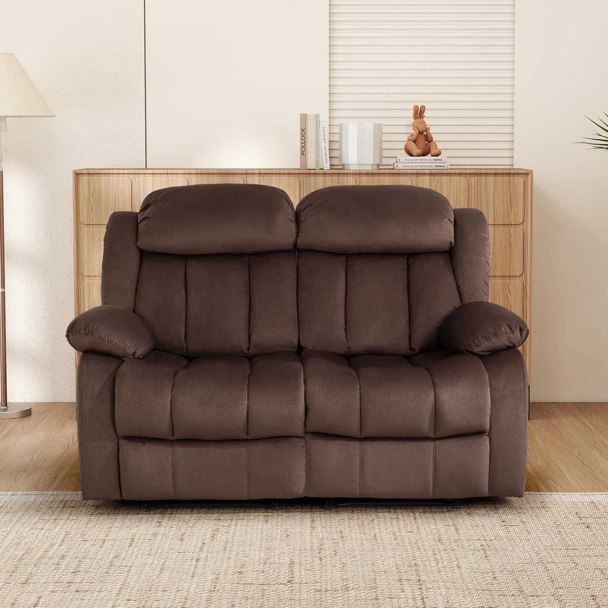 INZOY Manual Recliner Chair with Padded Armrest, Wall-Hugger Single Sofa Recliners with Overstuffed Back, Classical Fabric Reclining Chairs for Living Room Theater Seating, Brown