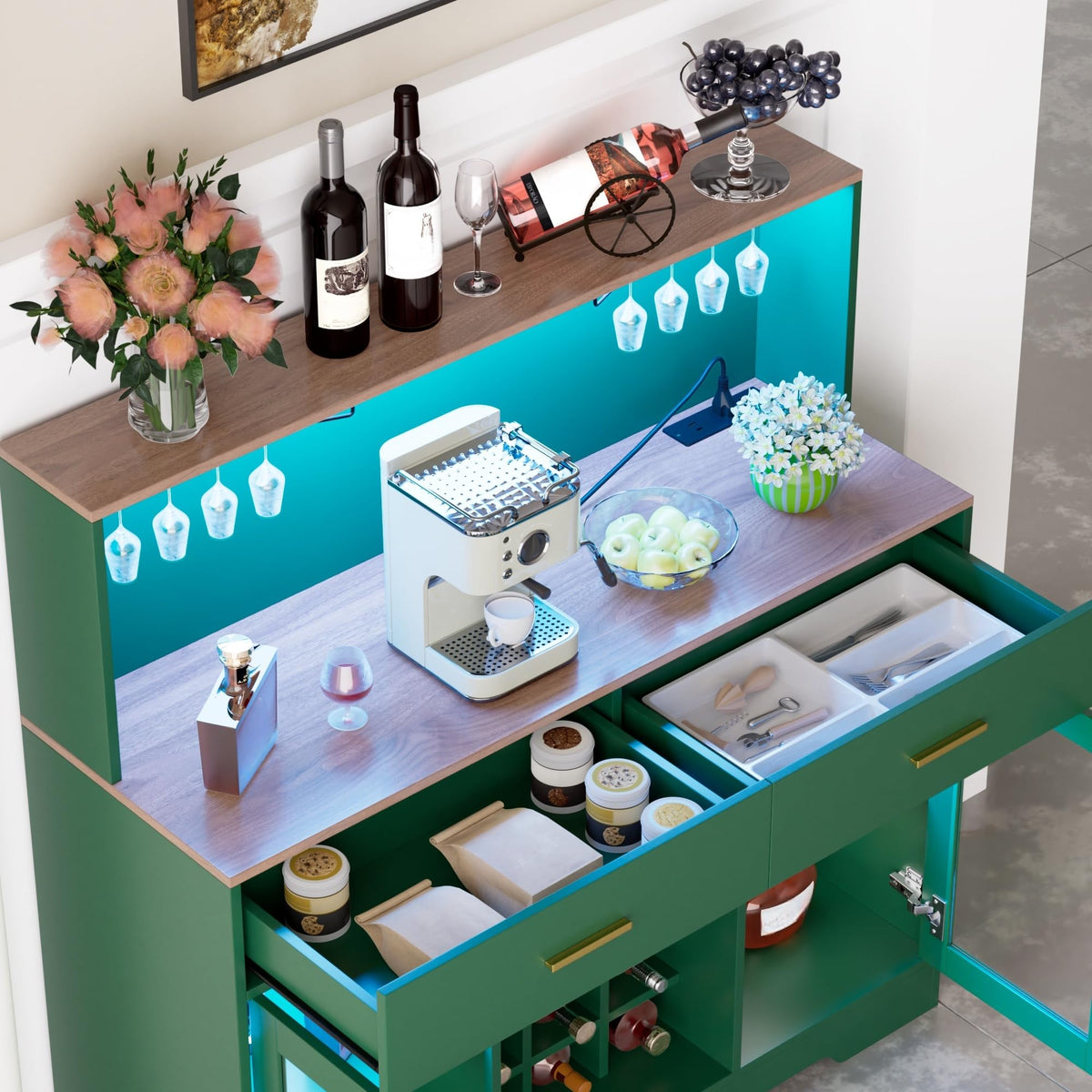 Wine Bar Cabinet with LED Lights, Liquor Cabinet for Home, Coffee Bar Cabinet with Wine Rack and Glass Holder, Black Home Bar Cabinets, Kitchen Buffet Sideboard for Living Room, Dining Room