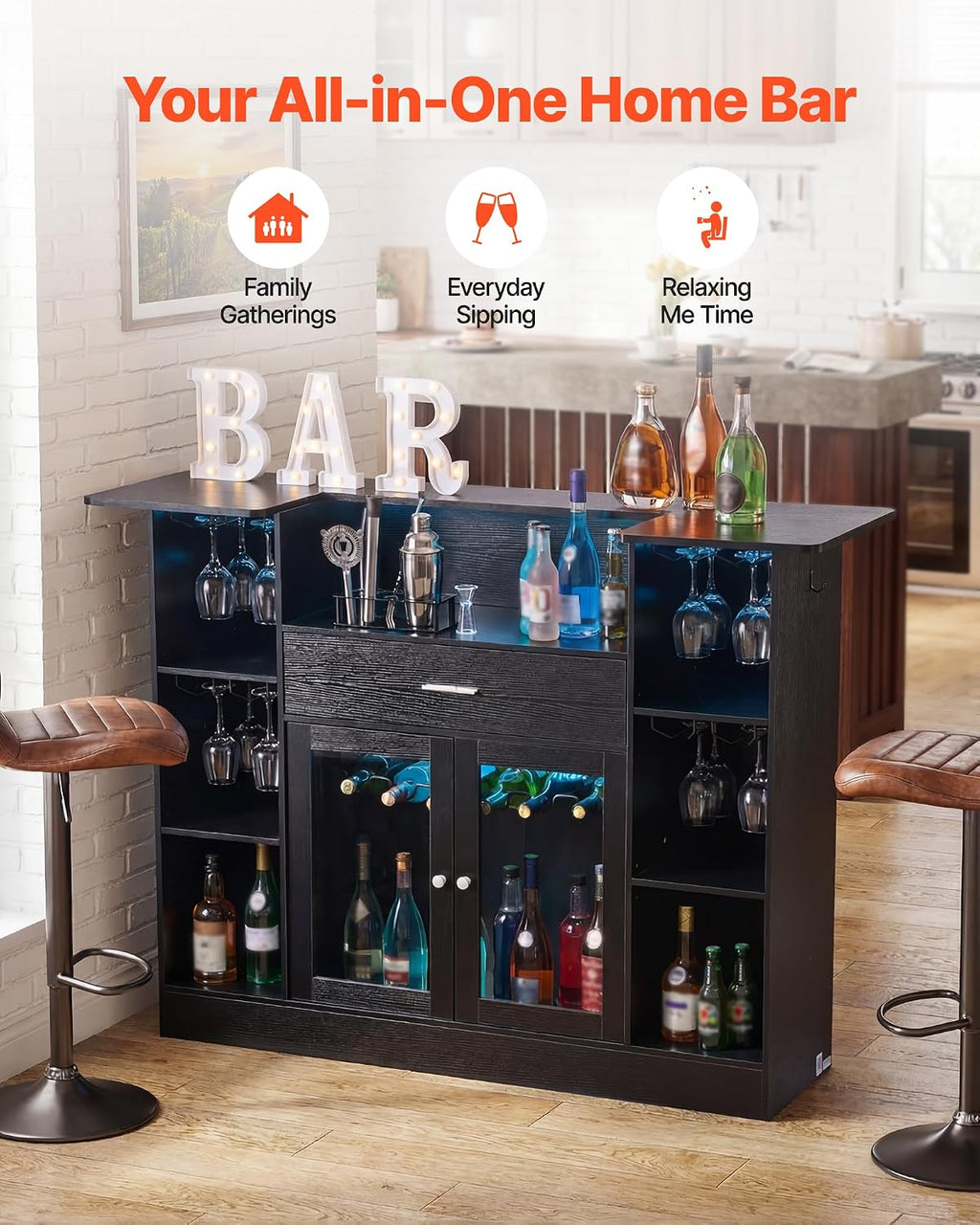 VEVOR Home Bar Unit, Wine Bar Cabinet Table 4-Tier with Storage Drawer Shelves, Wine Glass Holder, Bottle Rack, LED Light, Wood & Metal Liquor Cabinet for Home, Basement, Kitchen, Living Room, Black