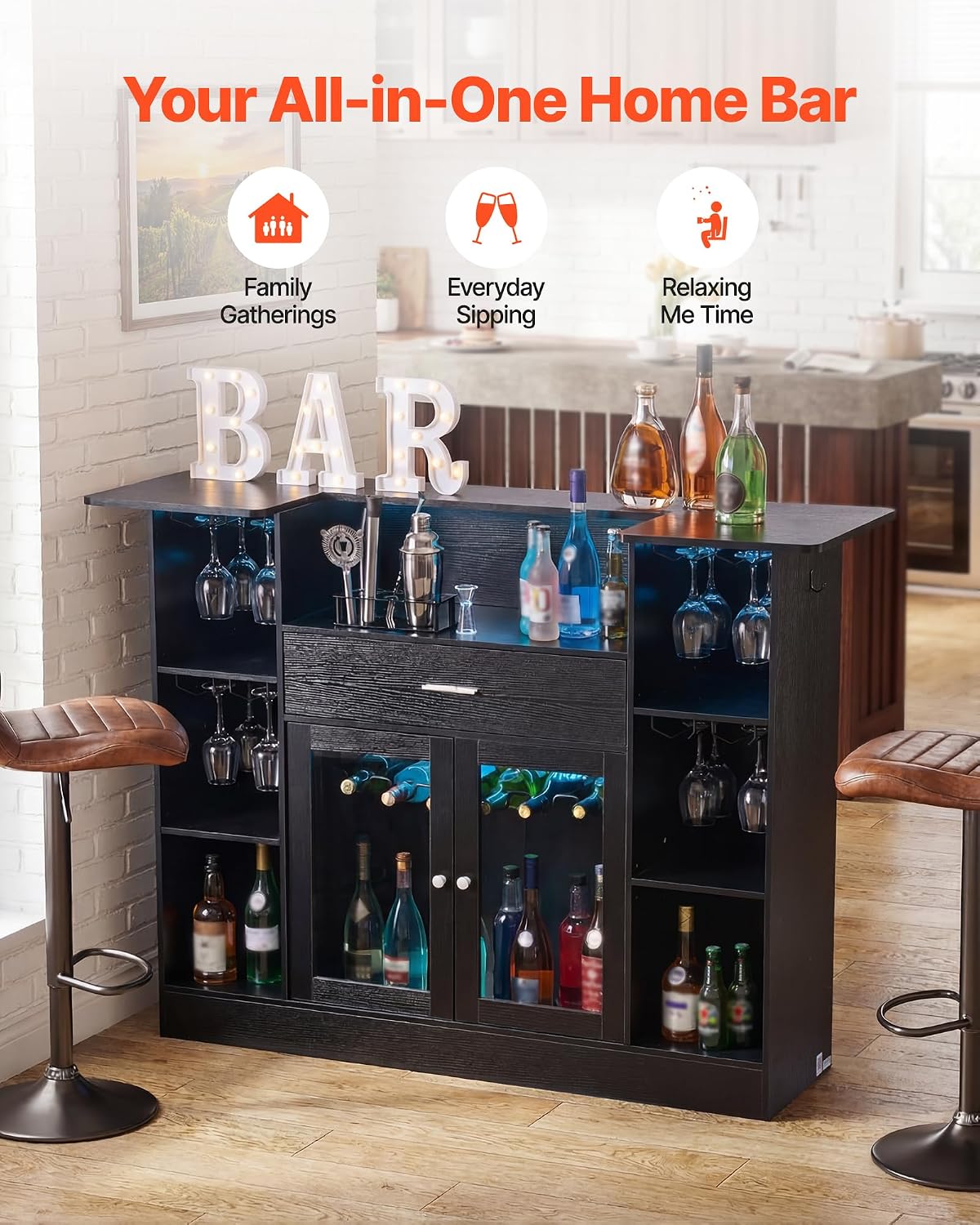 VEVOR Home Bar Unit, Wine Bar Cabinet Table 4-Tier with Storage Drawer Shelves, Wine Glass Holder, Bottle Rack, LED Light, Wood & Metal Liquor Cabinet for Home, Basement, Kitchen, Living Room, Black