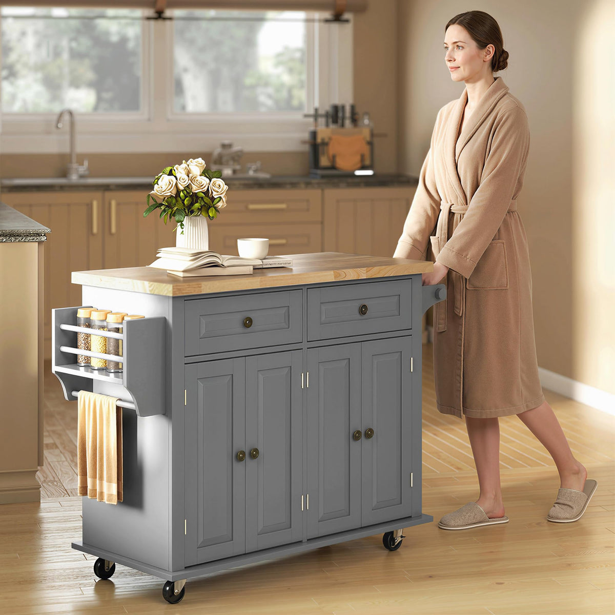 HOMCOM Kitchen Island Cart on Wheels with Solid Wood Top, 44" Cream White