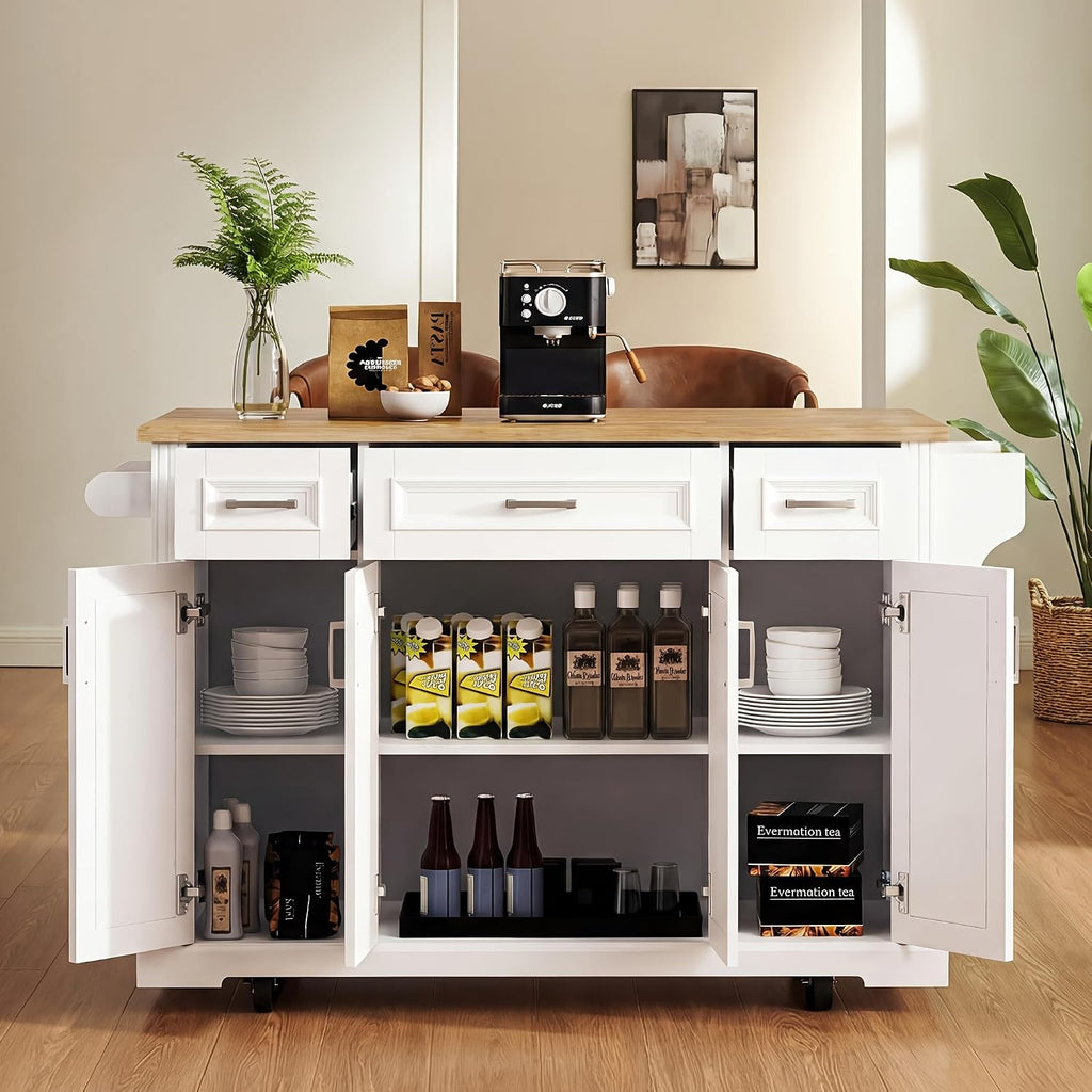 Large Kitchen Island with Rubber Wood Drop Leaf and Silver Handle