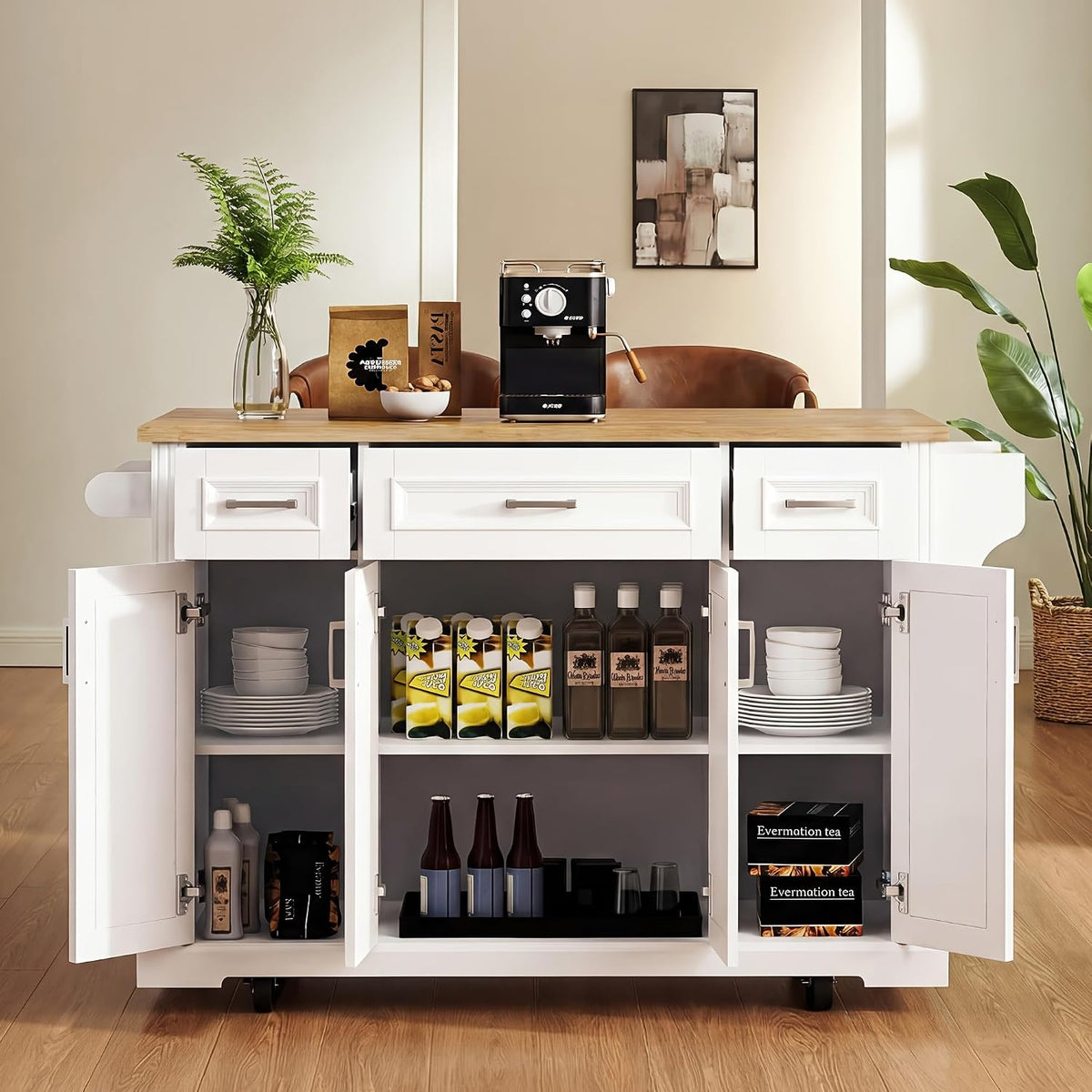Large Kitchen Island with Rubber Wood Drop Leaf and Silver Handle