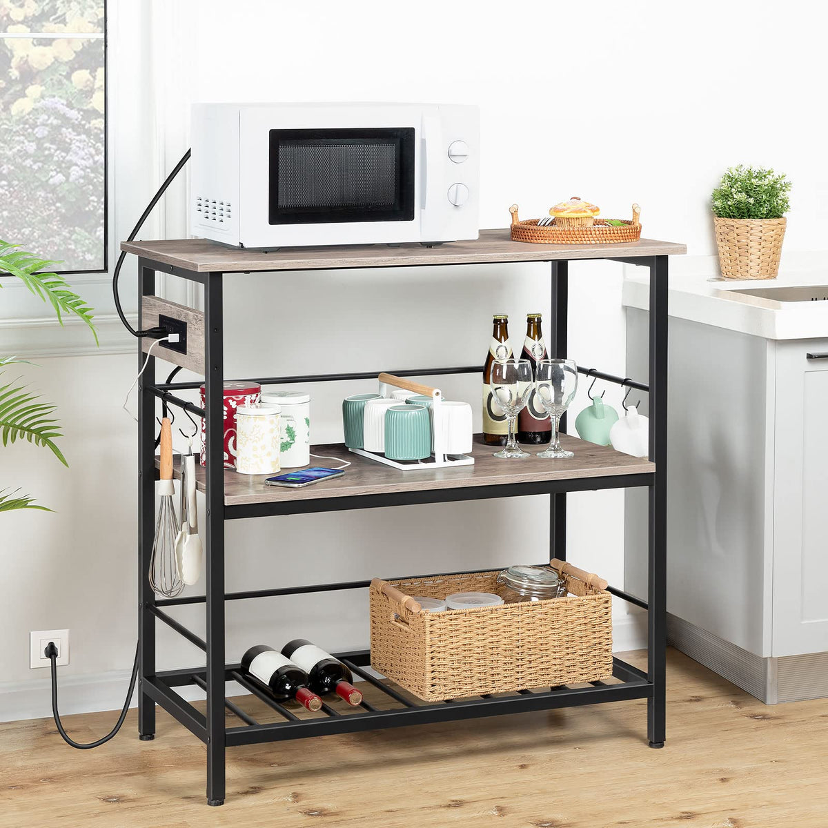 HOOBRO Kitchen Island with Storage, Kitchen Island Table with Power Outlet, 47.2" L 3 Tier Kitchen Counter and Microwave Stand, for Home, Kitchen and Dining Room, Rustic Brown and Black BF120UZD01