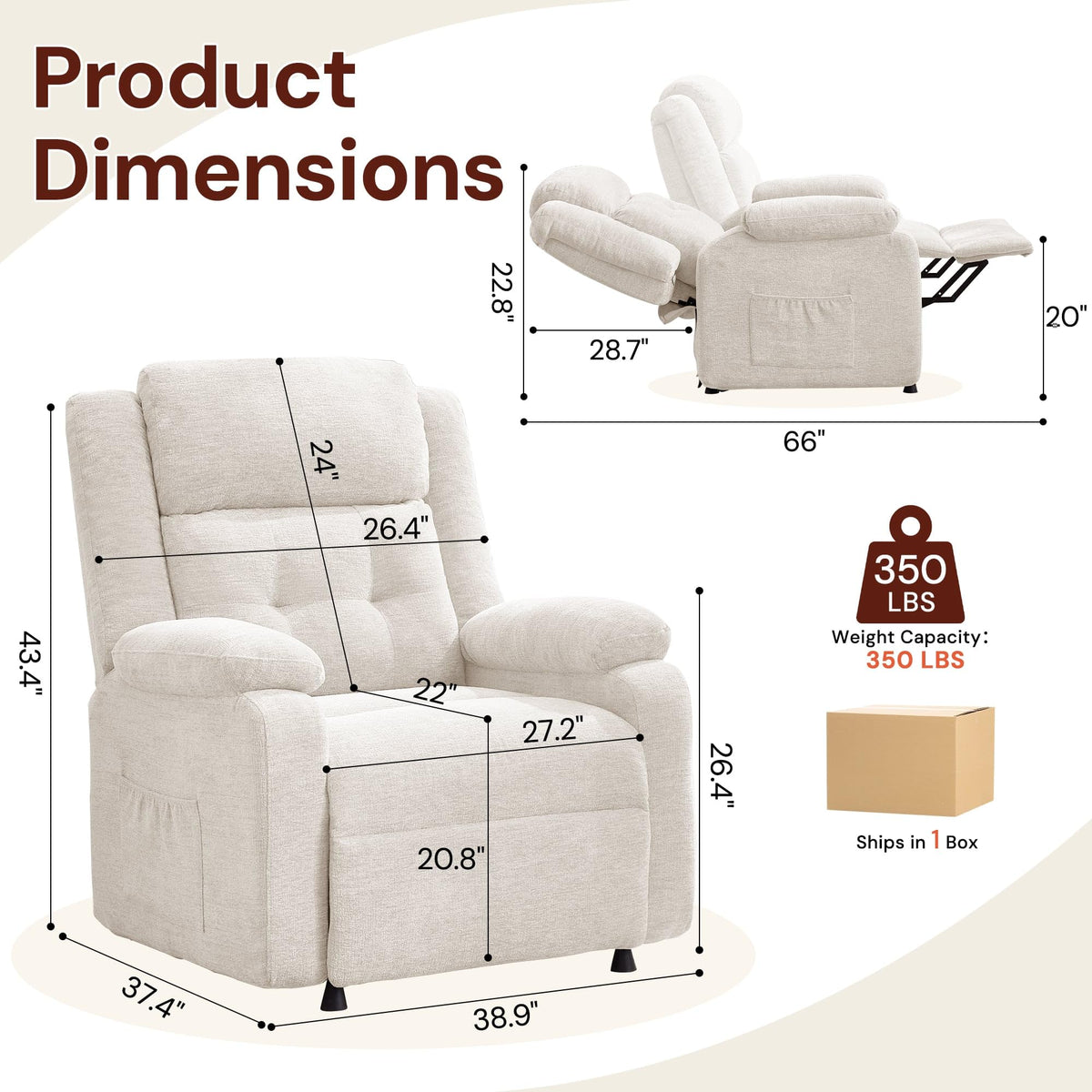 Korser Power Recliner Chair for Adults, Oversized Electric Recliner with Thickened Cushions, Reclining Chair for Bedroom, Living Room Chairs with Side Pockets, Chenille