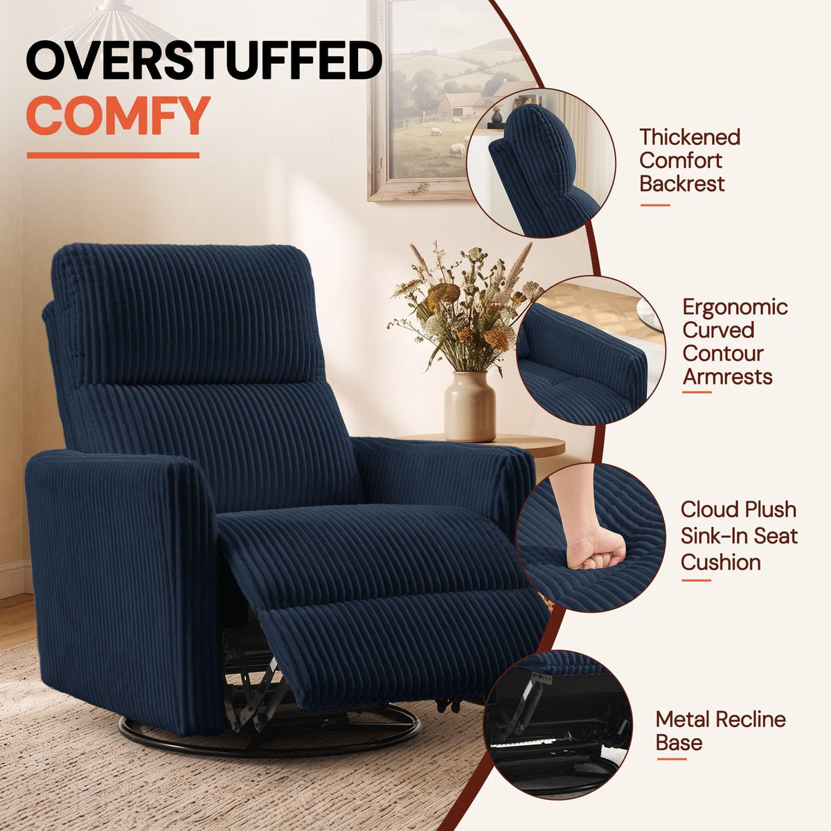 Korser 360Â° Swivel Glider Rocker Manual Recliner, High Back Corduroy Recliner with Curved Armrests, Beige Nursery Rocking Reclining Chair for Living Room Bedroom Adults
