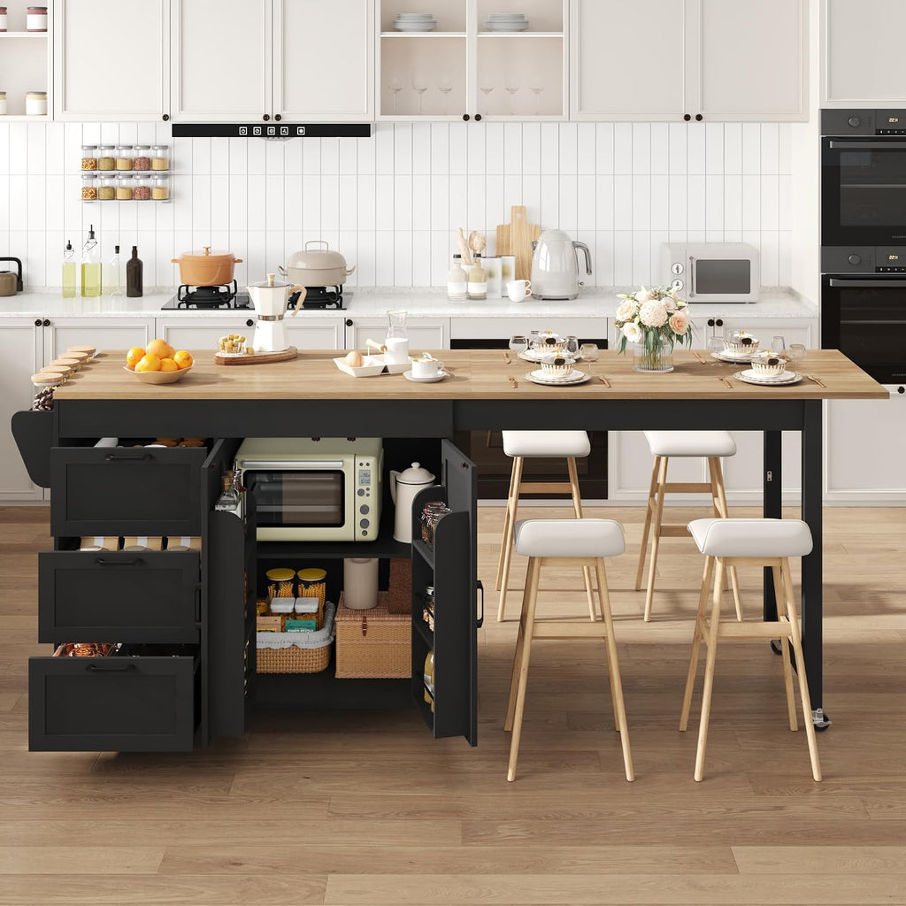 St.Mandyu 47â- 90â Flip-Top Kitchen Island with Extendable Dining Table, Mobile Rolling Storage Kitchen Cart with 3 Drawers & Spice Rack, Multi-Functional Bar Island Table Seats 2-4, Black