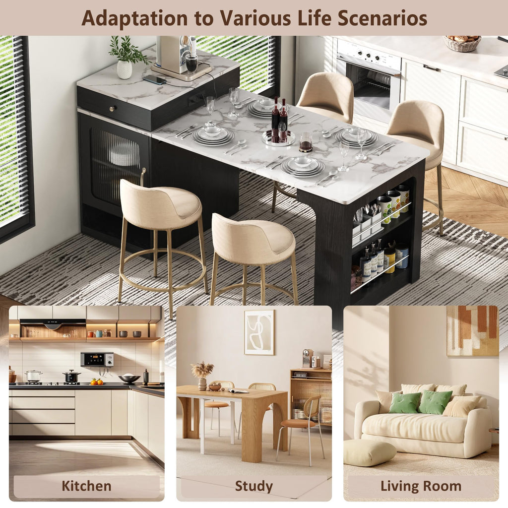 83" Extendable Kitchen Island with Drop Leaf Dining Table, Natural
