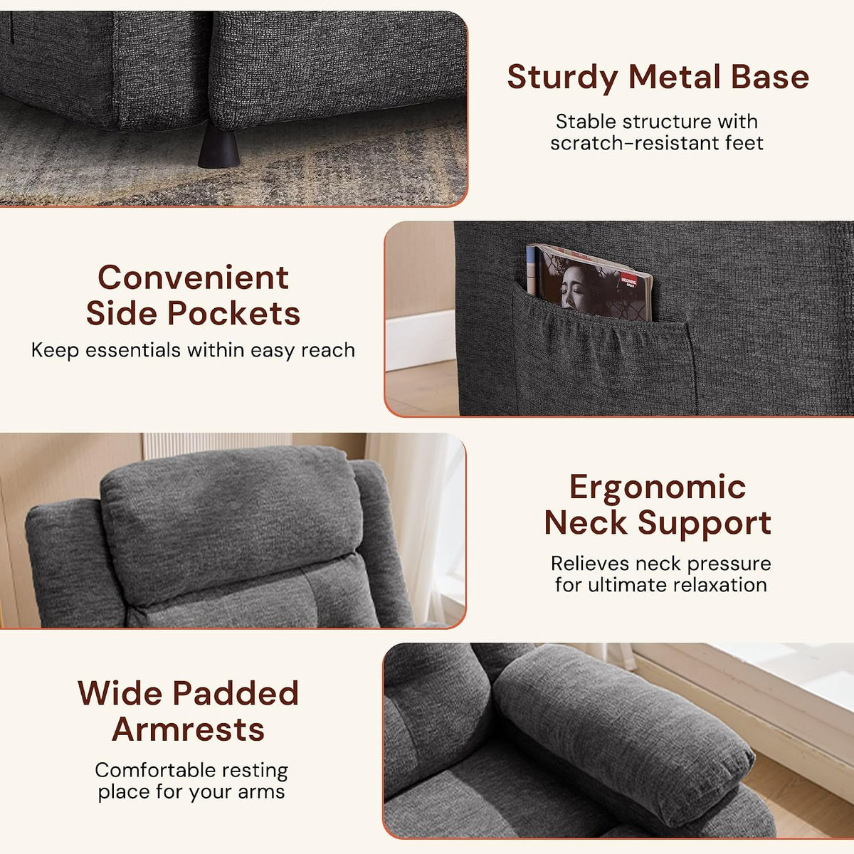 Korser Power Recliner Chair for Adults, Oversized Electric Recliner with Thickened Cushions, Reclining Chair for Bedroom, Living Room Chairs with Side Pockets, Chenille