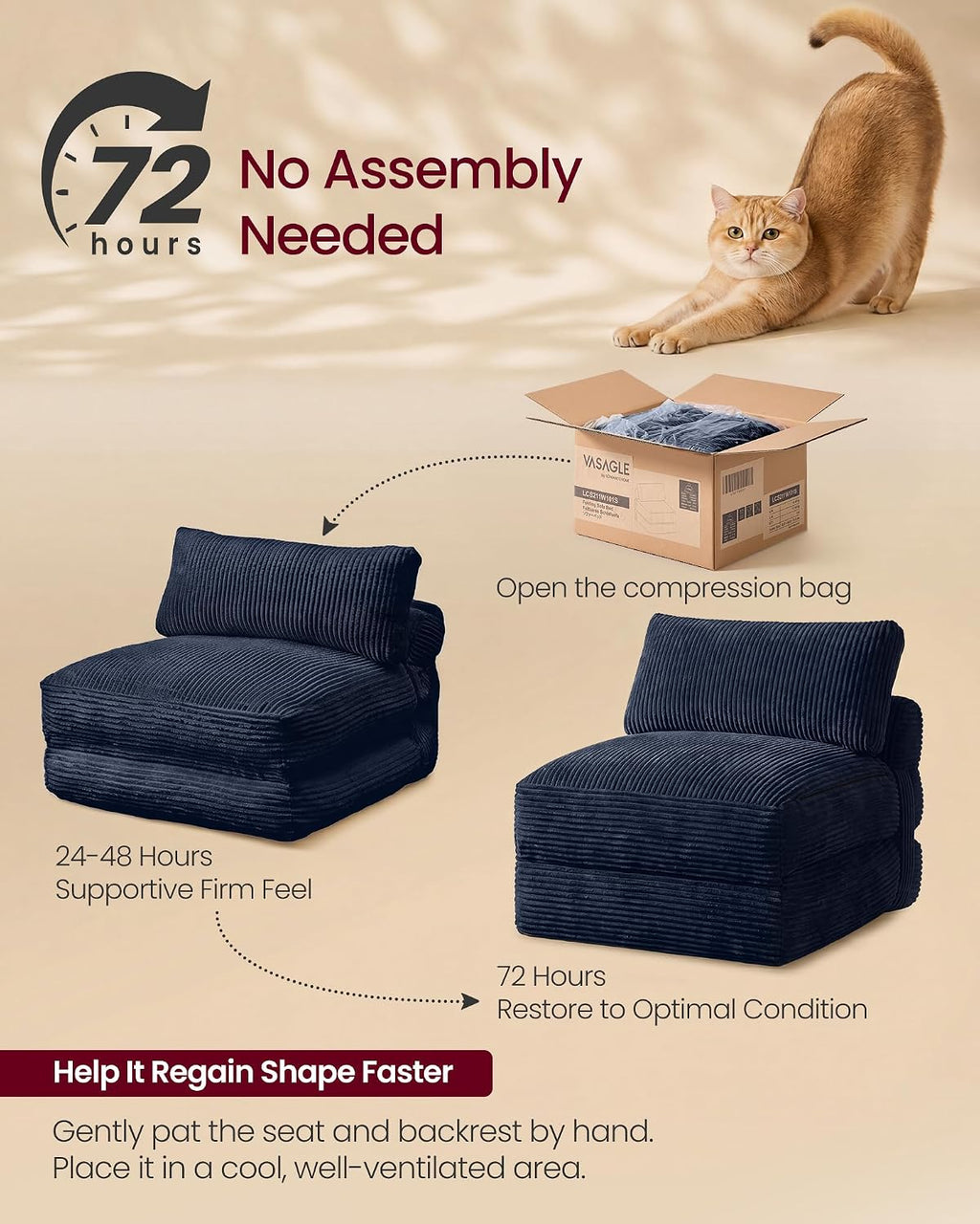 VASAGLE Folding Sofa Bed, Convertible Chair Bed with Pillow, Sleeper Chair