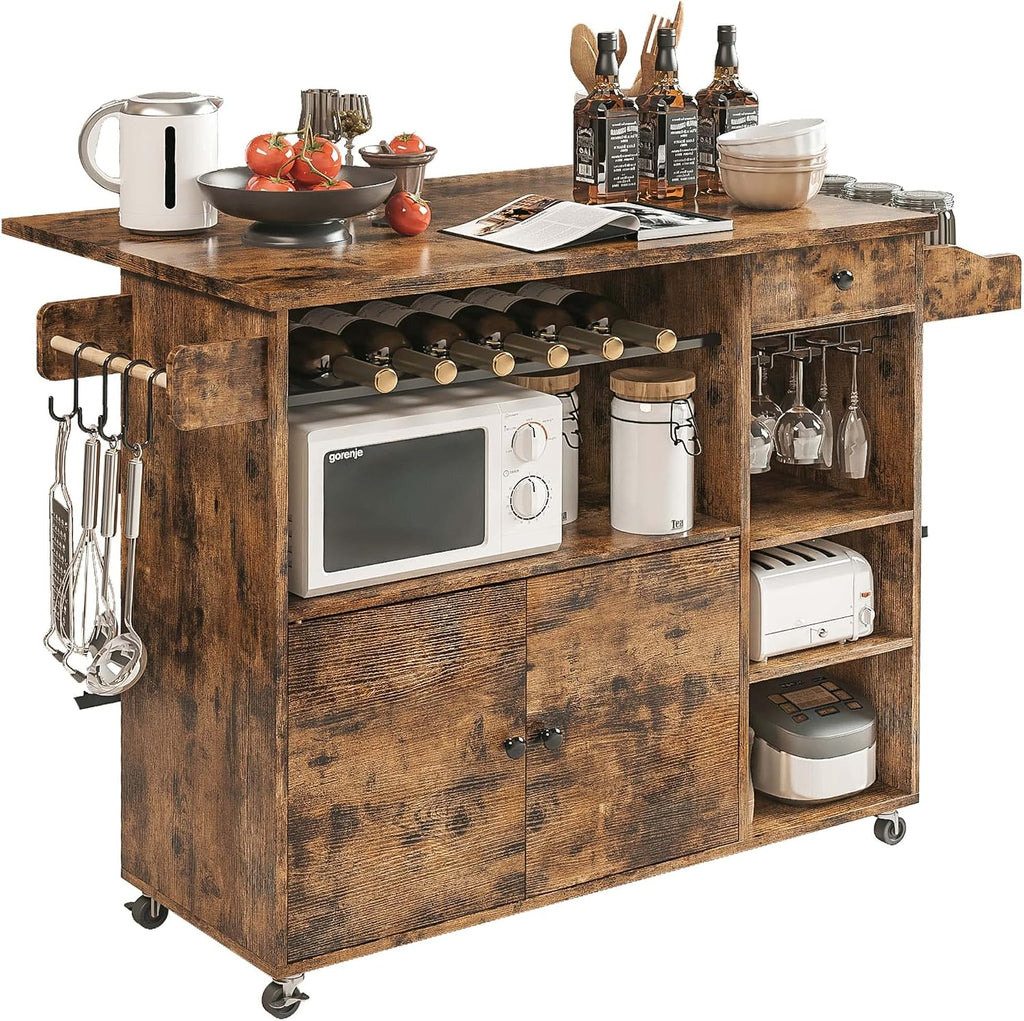 IRONCK Rolling Kitchen Island Cart with Drop-Leaf and Wine Rack, Brown