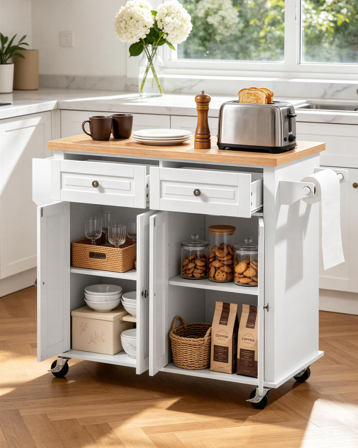 VEVOR Kitchen Island Cart with Storage, 43.58 in Wide Mobile Rolling Storage Island on Swivel Wheels, with 2 Drawers, Storage Cabinet, Drop Leaf, Spice/Towel Rack, Table for Home Dining Room, White