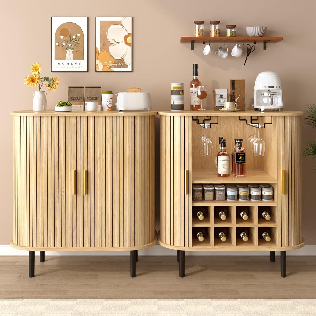 Natural Wine & Coffee Bar Cabinet with Gold Handle & Sliding Tambour Doors,Modern Curved Liquor Cabinet Coffee Station with 8*Wine Rack & 2*Glass Holders,5-Level Adjustable Shelf & Side Hidden Storage