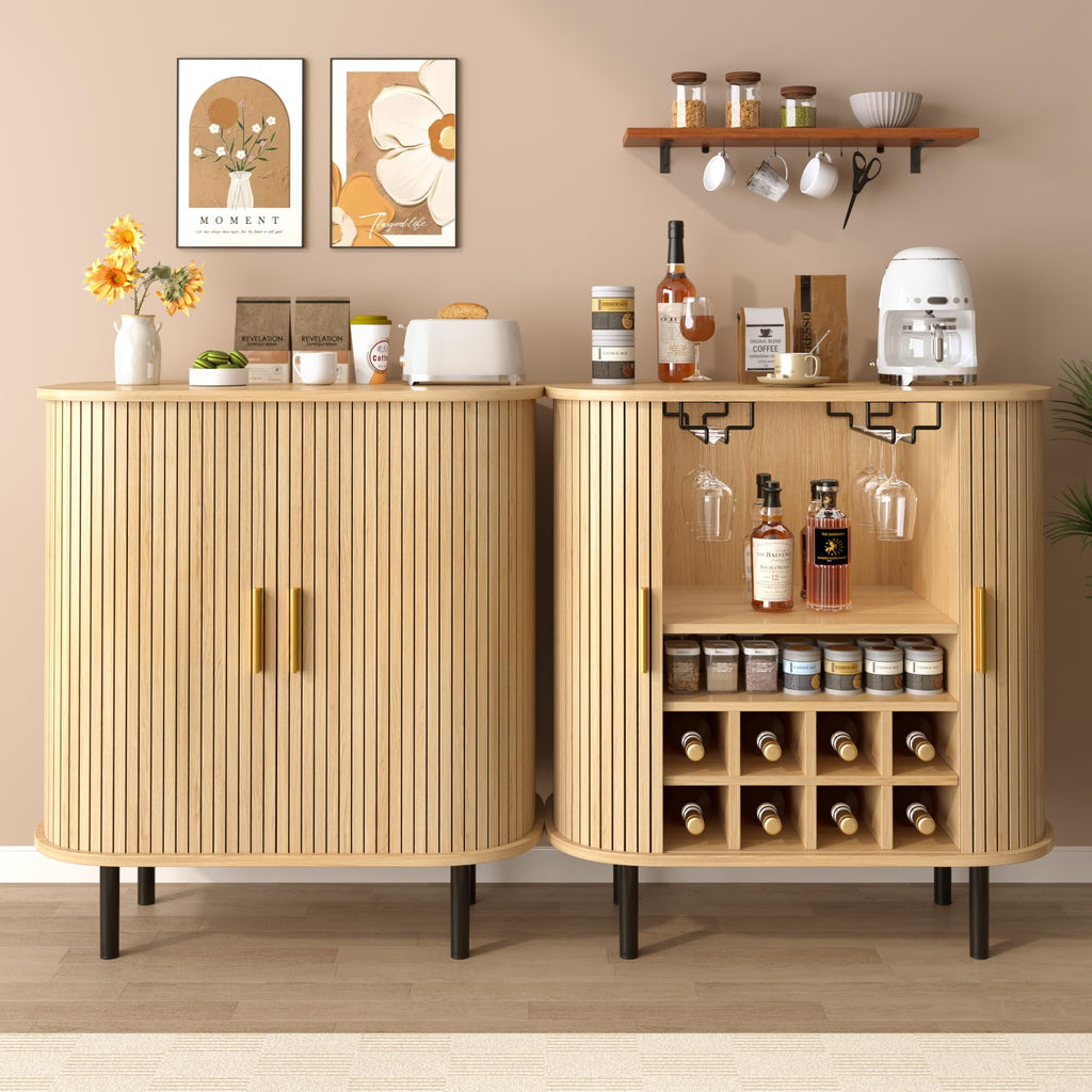 28" Fluted Wine Bar Cabinet with Storage, Modern Liquor Cabinets, Walnut