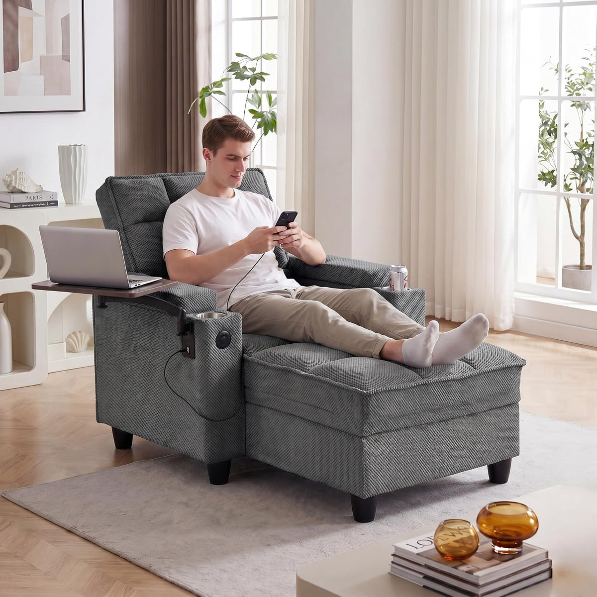 Convertible Sleeper Chair, Pull Out Sofa Bed with Adjustable Backrest & Hidden Storage Armrest, Single Sofa Recliner with USB Charging Port & Cup Holders for Living Room, Bedroom, Dark Gray