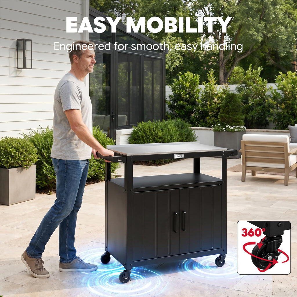 Feasto Outdoor Grill Cart w/Storage Cabinet, Stainless Steel Top, Brown