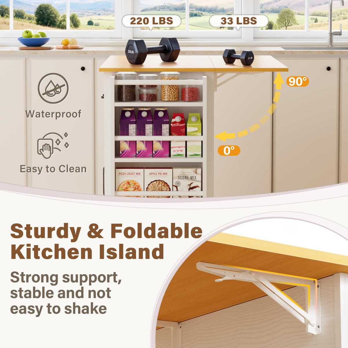YESHOMY Kitchen Island on Wheels with Trash Cabinet, White & Brown