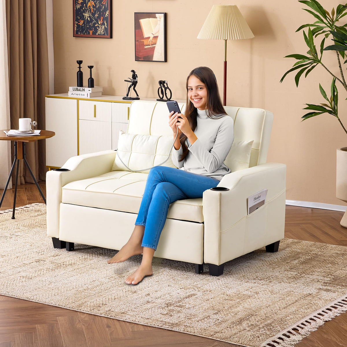 VINGLI Light Grey Futon Sofa Bed Convertible Loveseat Sleeper Couch, Faux Leather Pullout Sofa Fold Out Couch Bed with USB Ports, Cup Holders, Armrest for Living Room, Bedroom Apartment Room