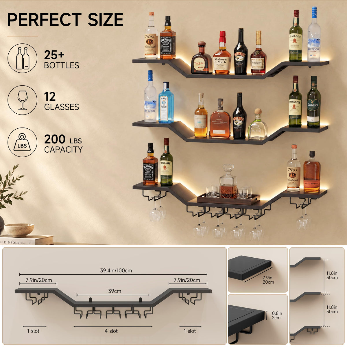 31.5" Wall Mounted Wine Rack with LED, 3-Tier Floating Bar Shelves