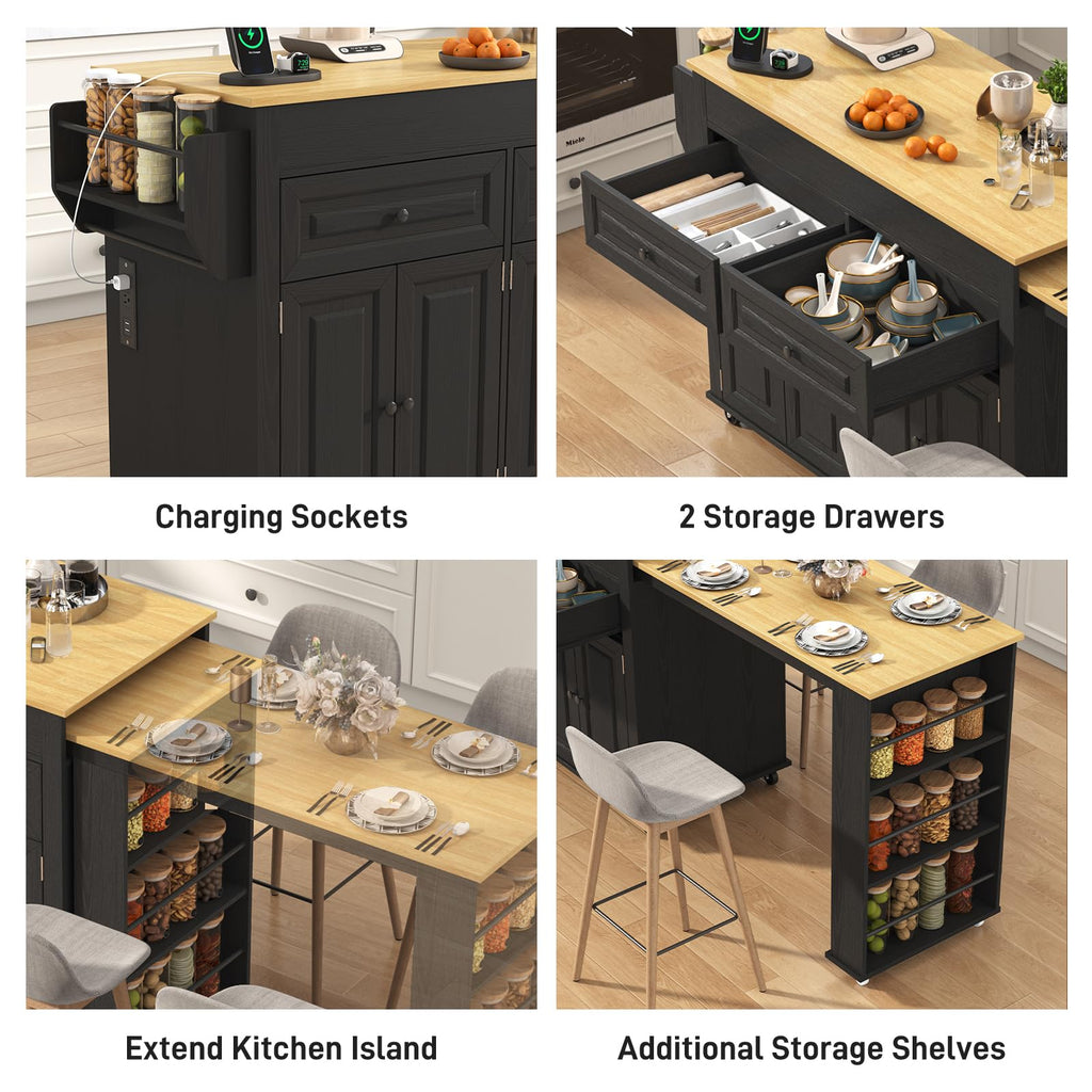 80"-48" Extendable Kitchen Island with Extended Dining Table and Power Outlet,Large Mobile Kitchen Storage Islands with 2 Storage Drawers,Rolling Islands Cart with 3 Extra Rows Open Shelves(Brown)