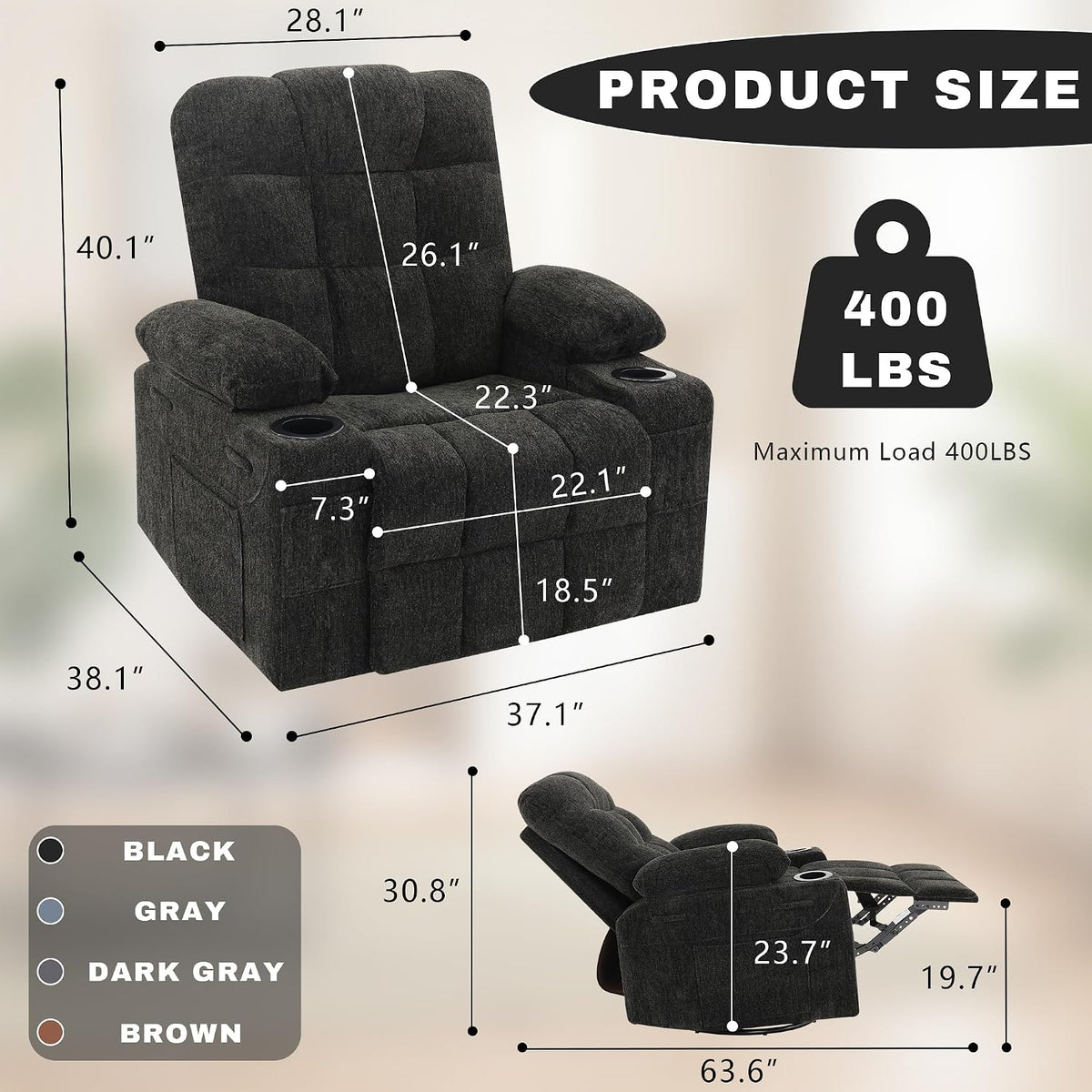 Swivel Rocker Recliner Chair,Recliner Single Sofa with Cup Holders, Manual Nursery Rocking Chair with Side Pockets, Modern Upholstered Recliner for Living Room,Apartment,Home Theater(Black)