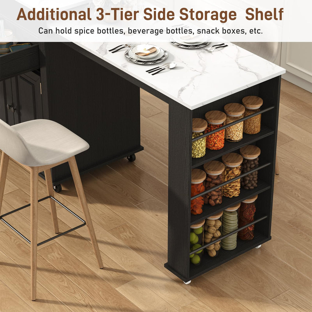 80"-48" Extendable Kitchen Island with Extended Dining Table and Power Outlet,Large Mobile Kitchen Storage Islands with 2 Storage Drawers,Rolling Islands Cart with 3 Extra Rows Open Shelves(Brown)