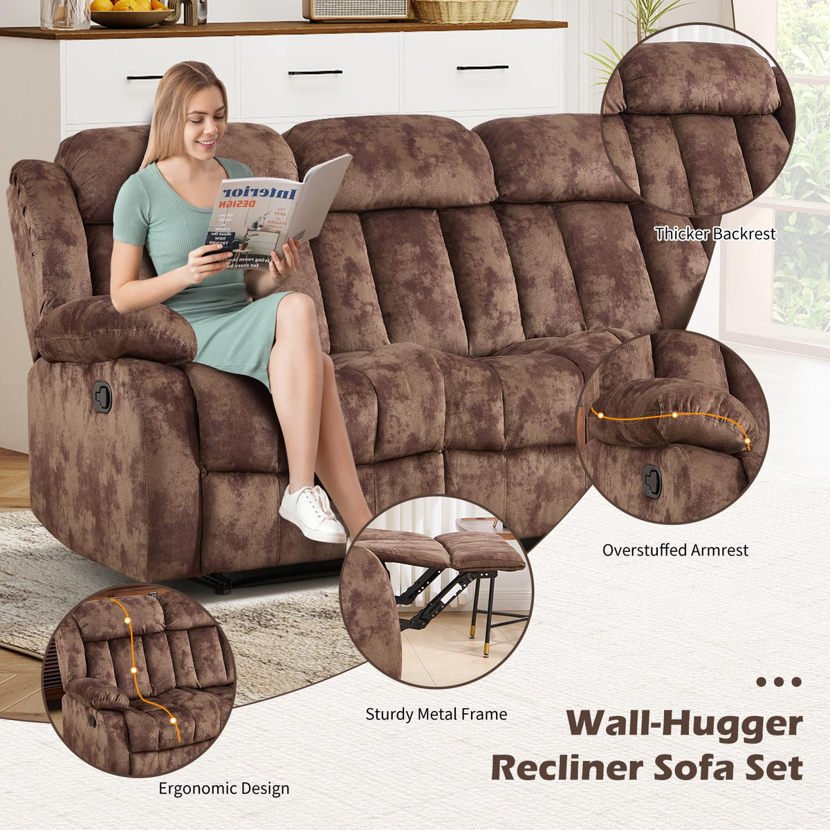 INZOY Manual Recliner Chair with Padded Armrest, Wall-Hugger Single Sofa Recliners with Overstuffed Back, Classical Fabric Reclining Chairs for Living Room Theater Seating, Brown