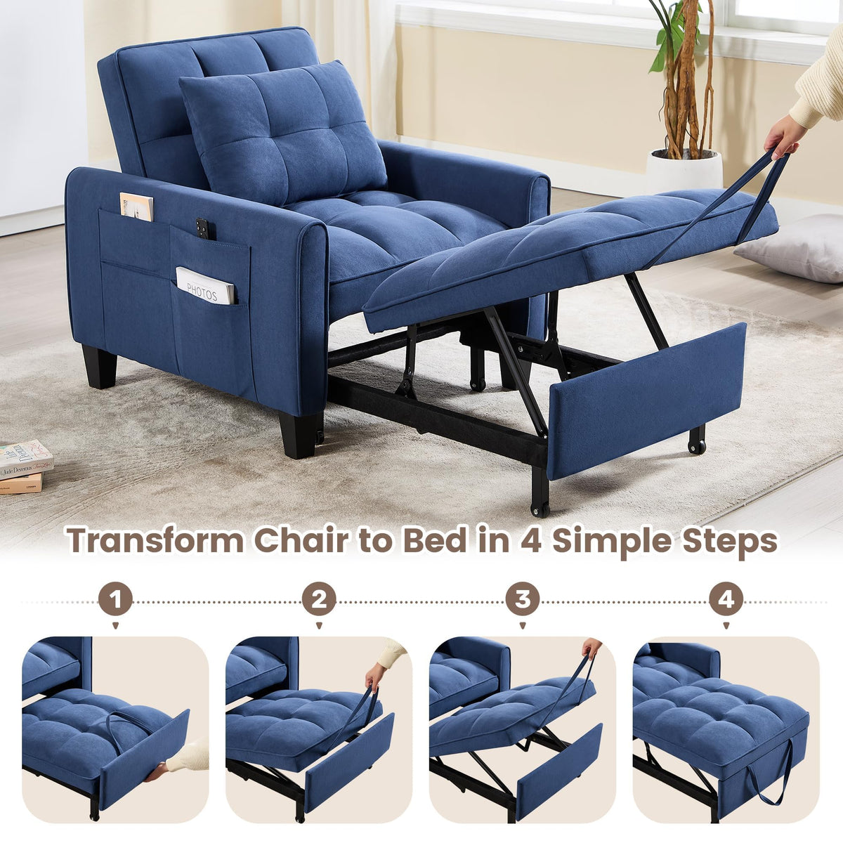 Convertible Sleeper Chair, 3 in 1 Sleeper Chair Bed Pull Out Sofa Bed Chairs, Single Sofa with Adjustable Backrest for Adults Reading Living Room, Bedroom, Black