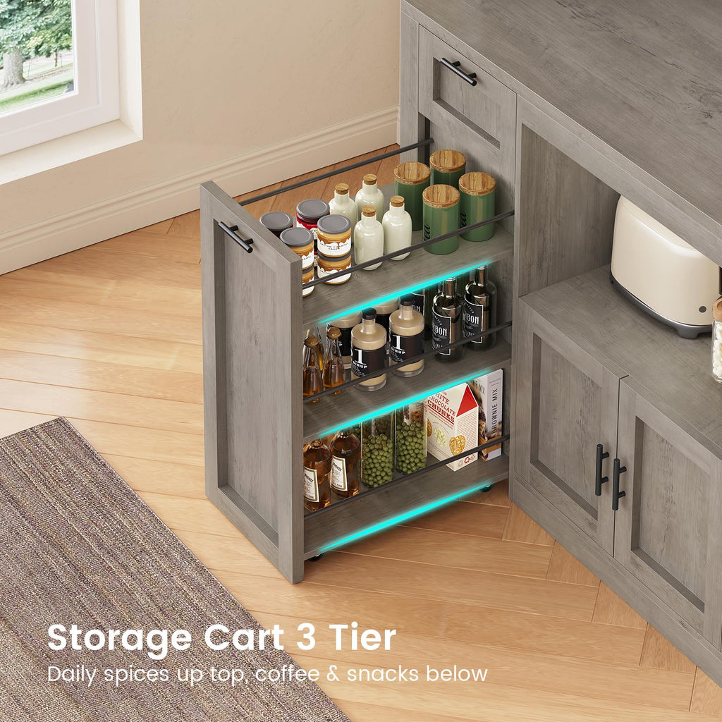Itaar 71" Kitchen Pantry Cabinet with Charging Station and Led Light, Kitchen Storage Cabinets with Microwave Stand, 59" Wide Pantry Storage Cabinet with Storage Cart 3 Tier for Dining Room, White