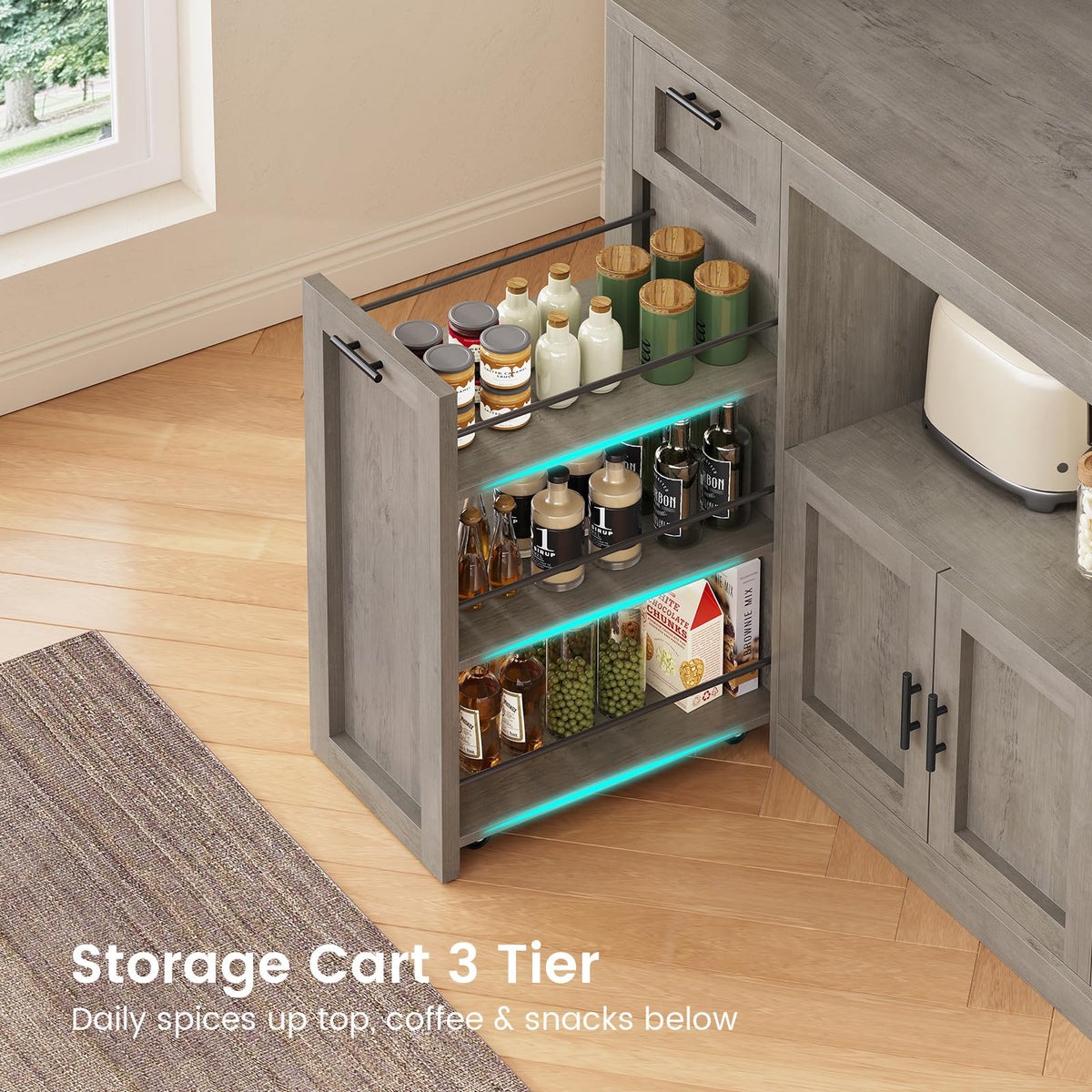 Itaar 71" Kitchen Pantry Cabinet with Charging Station and Led Light, Kitchen Storage Cabinets with Microwave Stand, 59" Wide Pantry Storage Cabinet with Storage Cart 3 Tier for Dining Room, White
