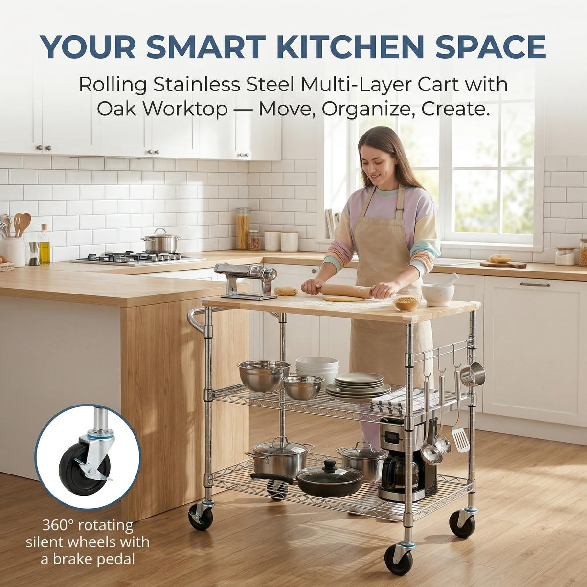 Finnhomy 3-Tier Rolling Kitchen Cart With 18" D x 30" W Oak Wood Tabletop, Kitchen Island With 4" Wheels and Slider Shelf, Microwave & Coffee Cart With Hooks for Dining Room, Chrome