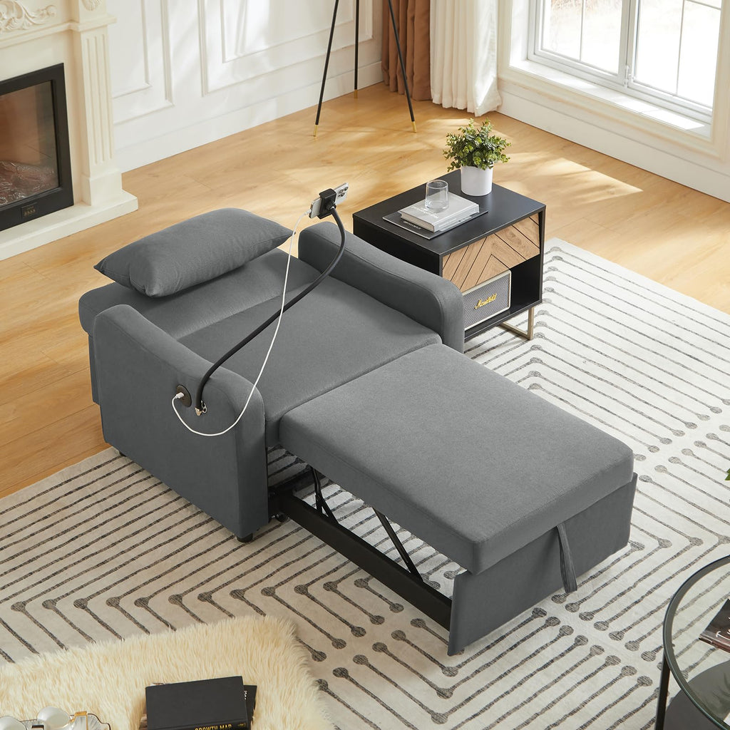 Convertible Single Sleeper Chair Bed,3 in 1 Velvet Futon Sleeper Sofa Bed with Phone Holder&USB Ports,Pull Out Couch Bed,Adjustable Recliner Armchair bed for Living Room,Office,Small Places(Grey)