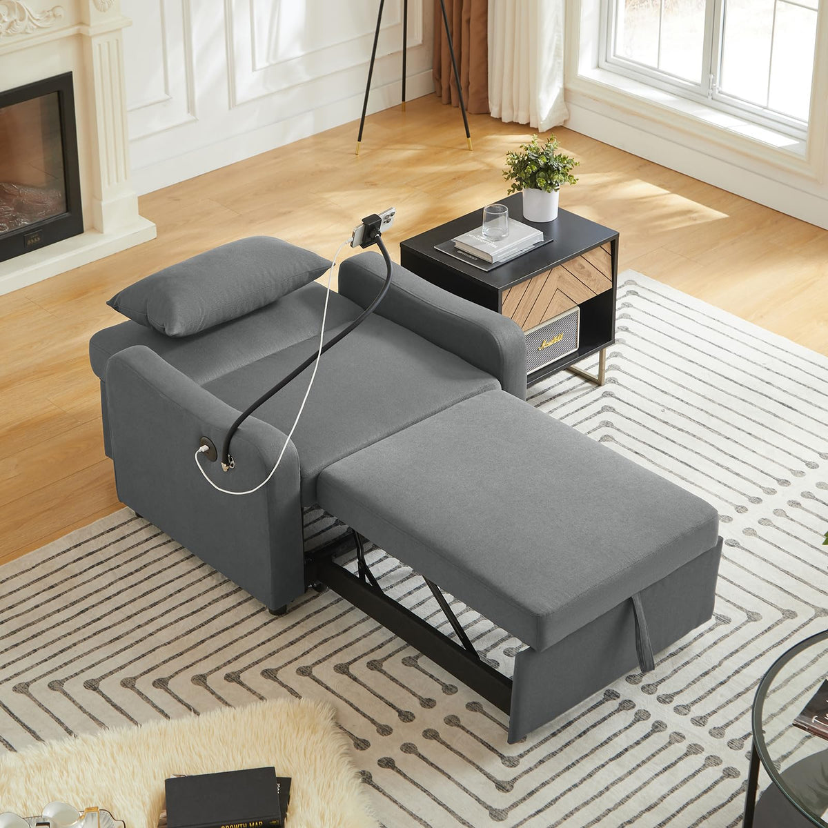 Convertible Single Sleeper Chair Bed,3 in 1 Velvet Futon Sleeper Sofa Bed with Phone Holder&USB Ports,Pull Out Couch Bed,Adjustable Recliner Armchair bed for Living Room,Office,Small Places(Grey)
